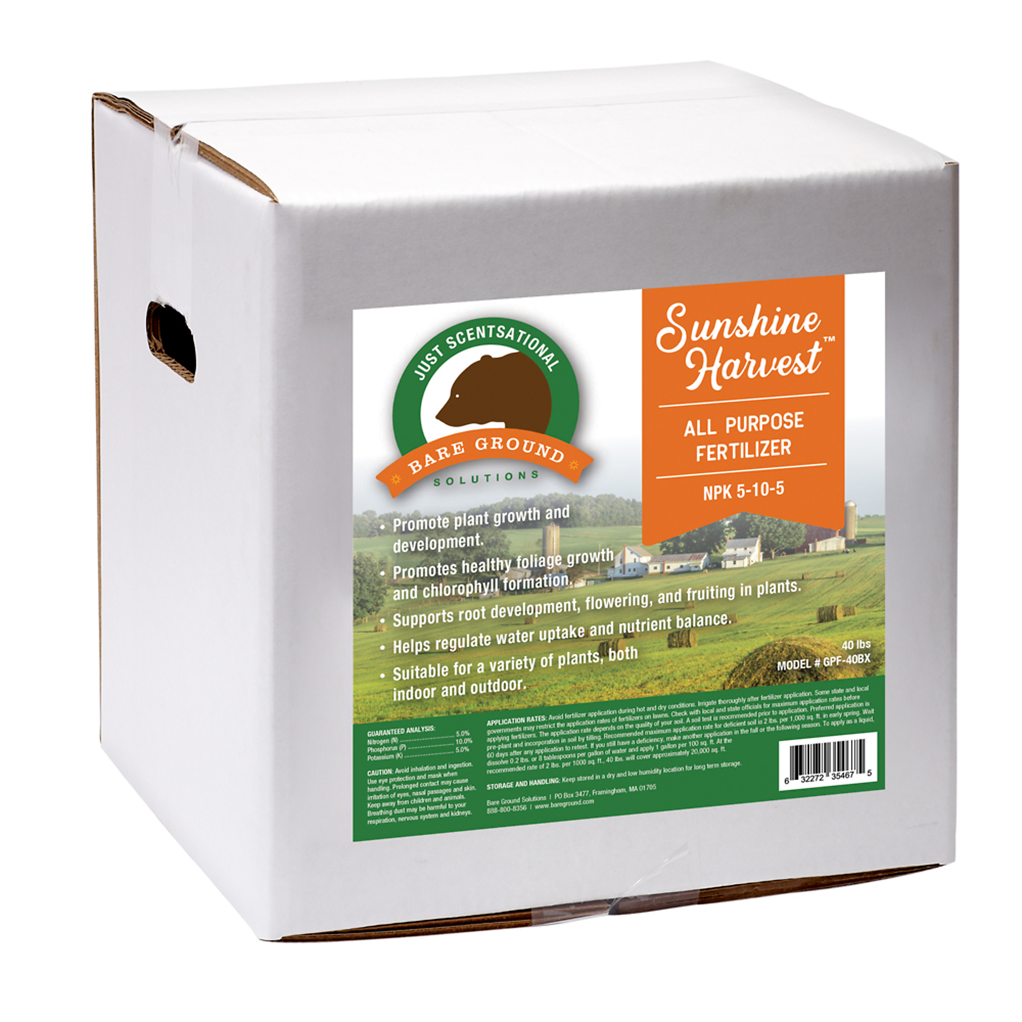 Just Scentsational, Alll Purpose Fertilizer NPK 5-10-5 40lb box, Max. Coverage Area 20000 ft², Capacity 40 lb, Model# GPF-40BX